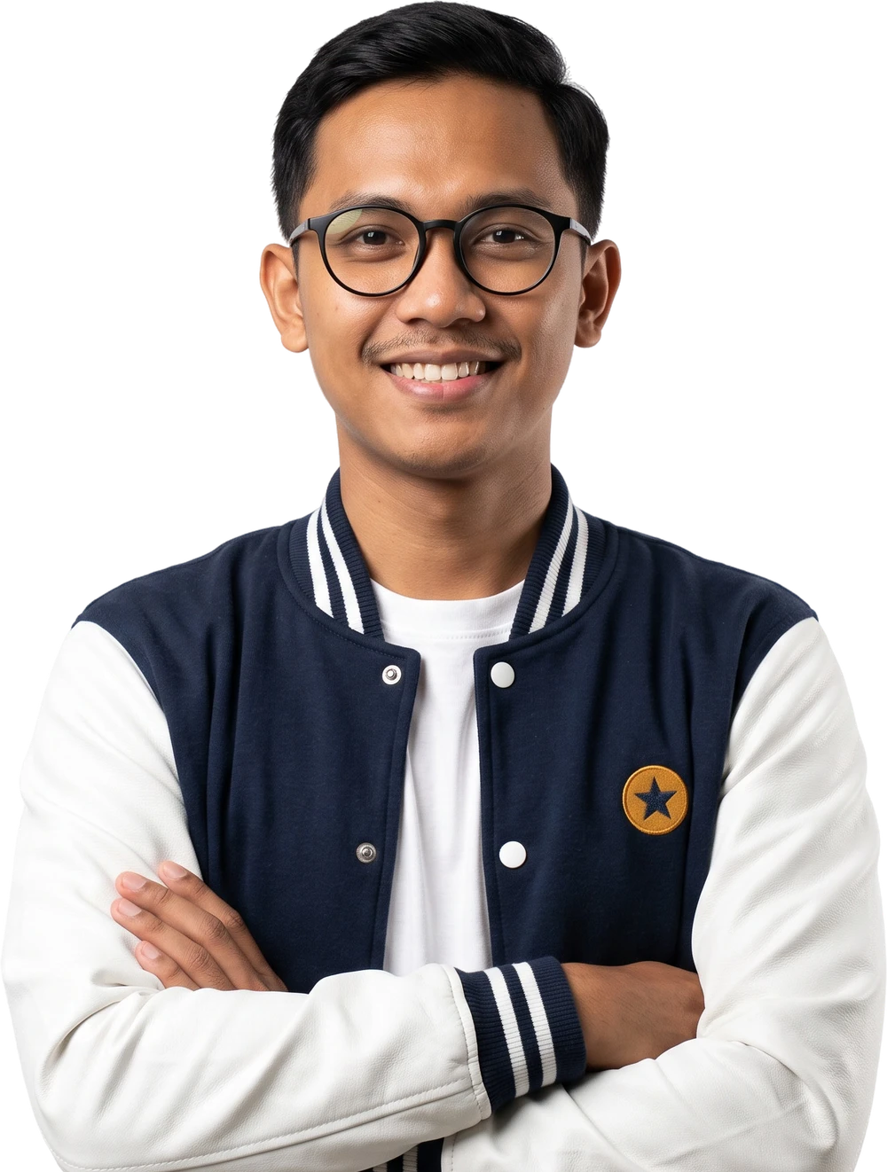 Haikal Rasyid Pradana tersenyum dengan tangan bersilang, mengenakan kacamata dan jaket varsity navy berlengan putih.