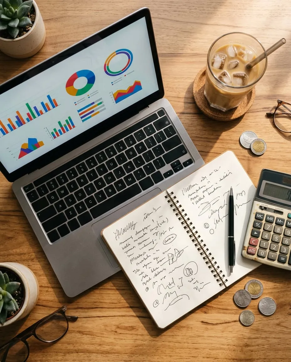 Meja kerja dari atas: laptop dengan grafik anggaran, buku catatan, kalkulator, kopi, dan beberapa koin.