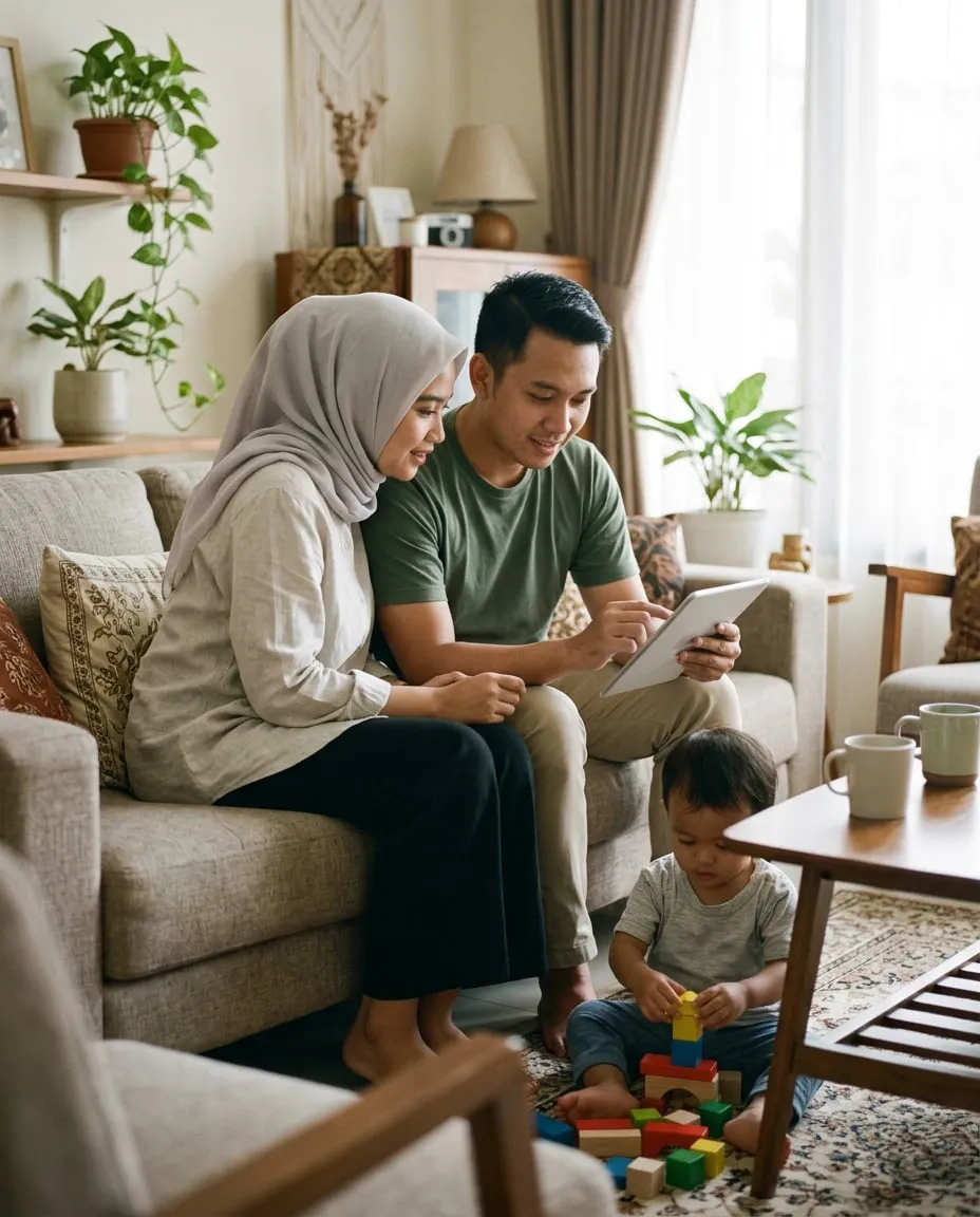 Pasangan muda berdiskusi di sofa sambil melihat tablet, anak kecil bermain balok di dekat mereka.