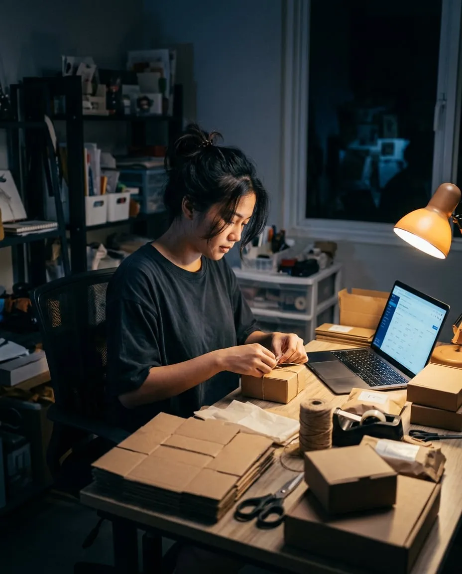 Perempuan muda mengemas kotak produk di meja kerja pada malam hari, diterangi lampu meja dan laptop.