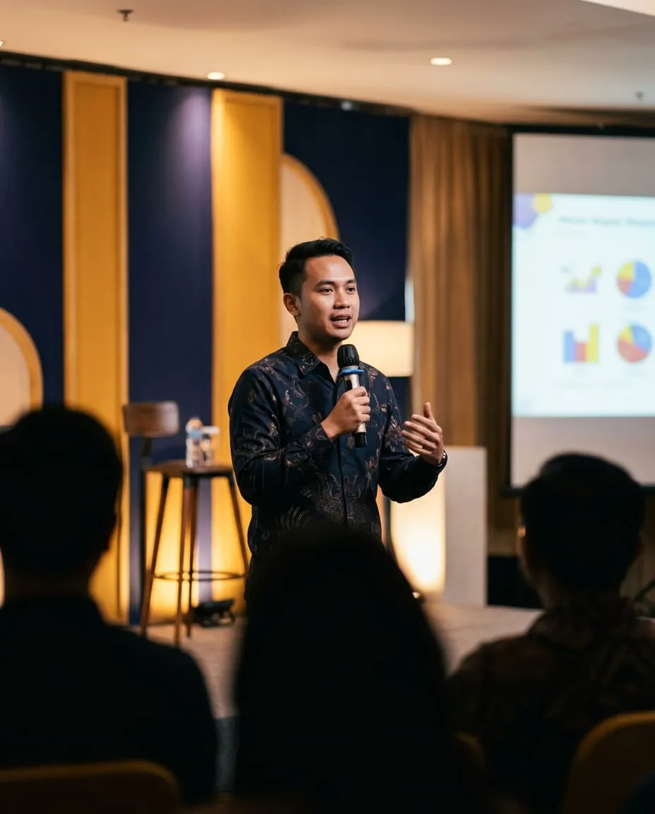 Pembicara muda memegang mikrofon di panggung seminar kecil, penonton terlihat dari belakang.